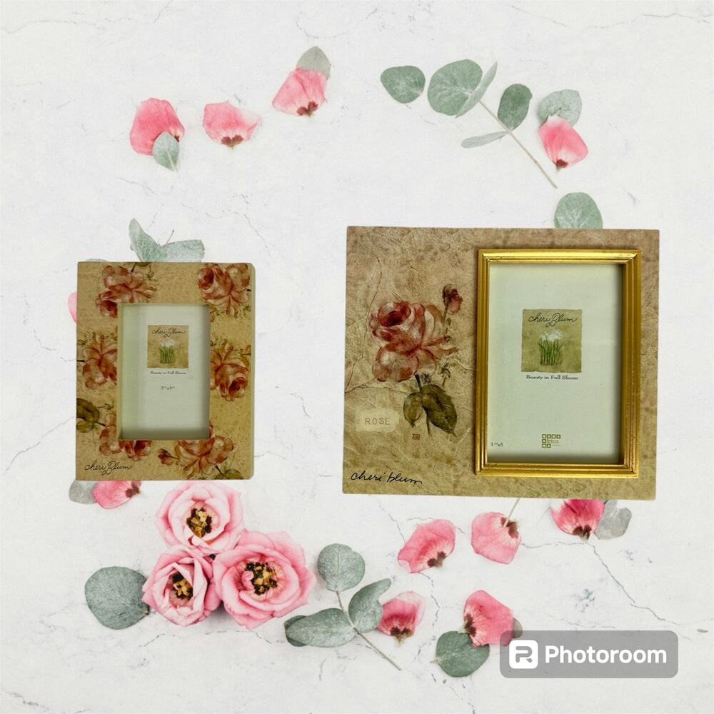 Set 2 Cheri Blum Tan Rose Floral Shabby Picture Frames 2.5" x 3.5" And 3.5" x 5"